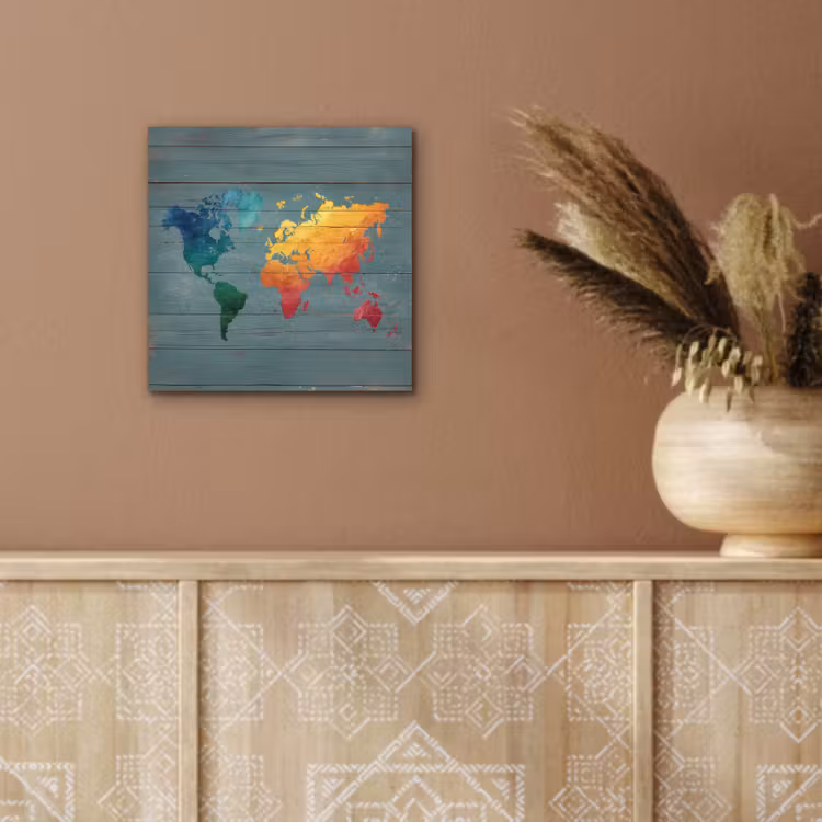 Hout - Planken - Regenboog - Wereldkaart aluminium wit klein -sfeer4