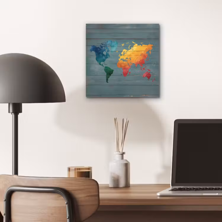 Hout - Planken - Regenboog - Wereldkaart aluminium wit klein -sfeer5