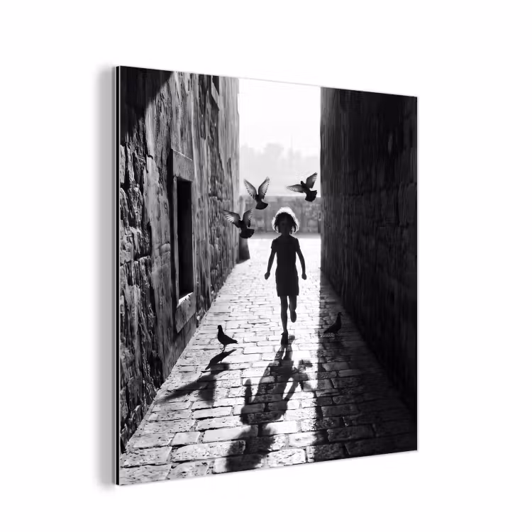 Kind - Vogel - Straat - Zwart-wit - Spelen aluminium wit klein -3d