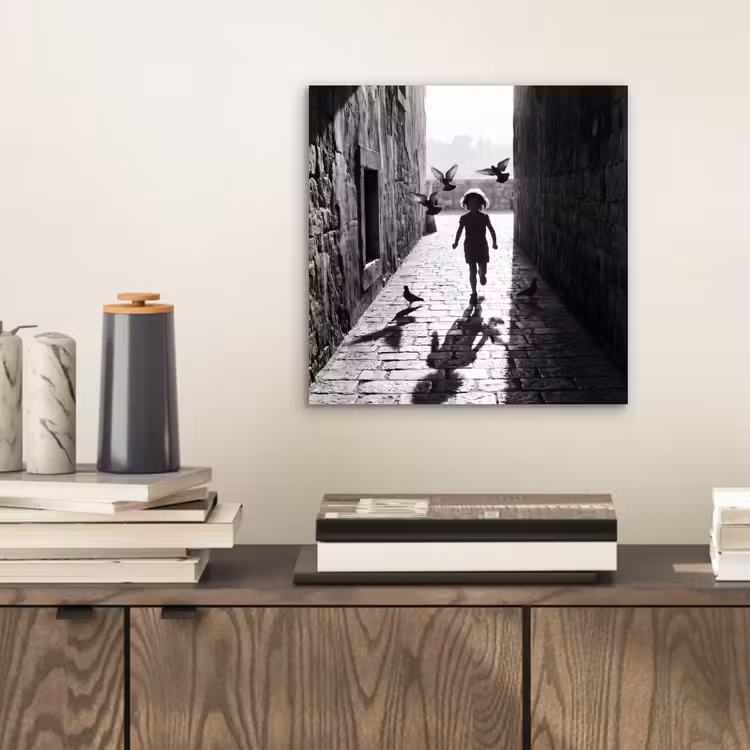 Kind - Vogel - Straat - Zwart-wit - Spelen aluminium wit klein -sfeer1