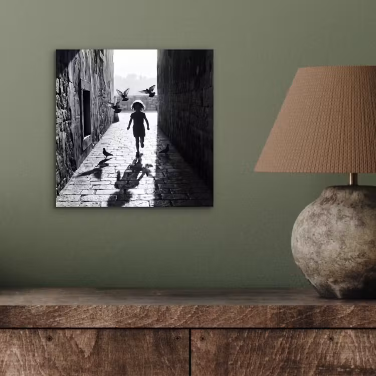 Kind - Vogel - Straat - Zwart-wit - Spelen aluminium wit klein -sfeer2