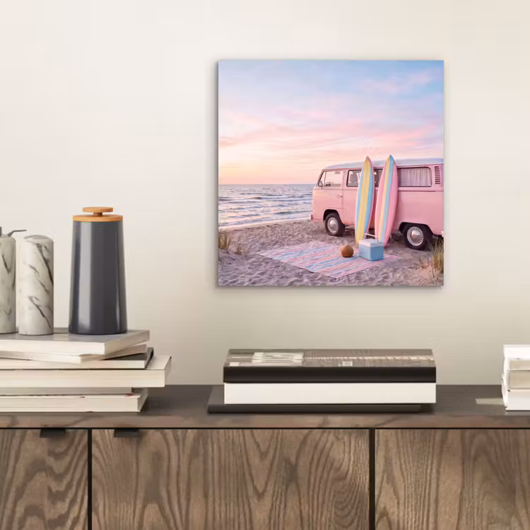 Busje - Strand - Surfplank - Zomer - Roze aluminium wit klein -sfeer1