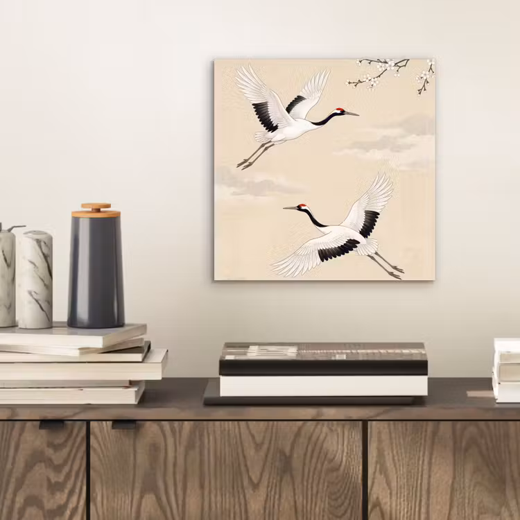 Kraanvogels - Bloesem - Beige aluminium wit klein -sfeer1