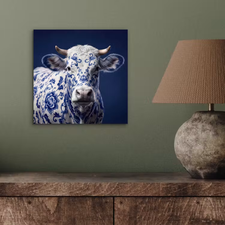 Koe - Delfts - Blauw - Artistiek aluminium wit klein -sfeer2