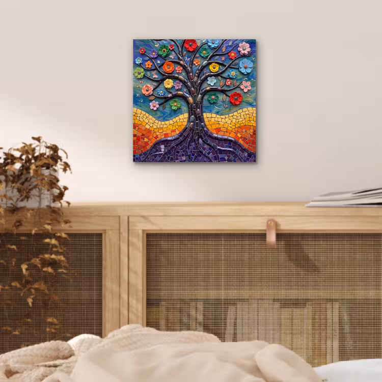 Levensboom - Mozaïek - Bloemen - Kleurrijk - Vrolijk aluminium wit klein -sfeer3