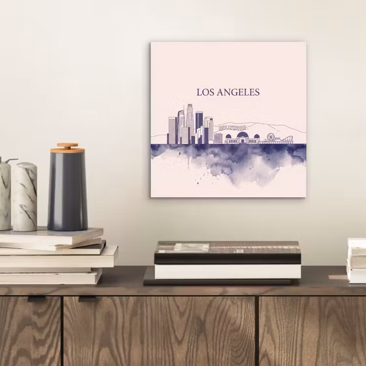 Los Angeles - Skyline - Architectuur - Aquarel - Blauw aluminium wit klein -sfeer1