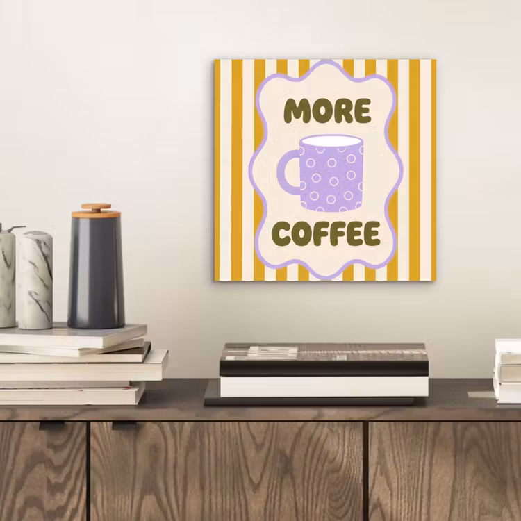 More coffee - Geel - Paars - Strepen - Mok aluminium wit klein -sfeer1