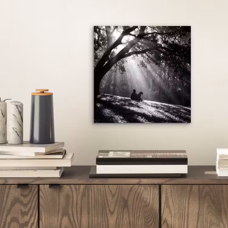 Mens - Hond - Natuur - Zwart-wit - Silhouet aluminium wit klein -sfeer1