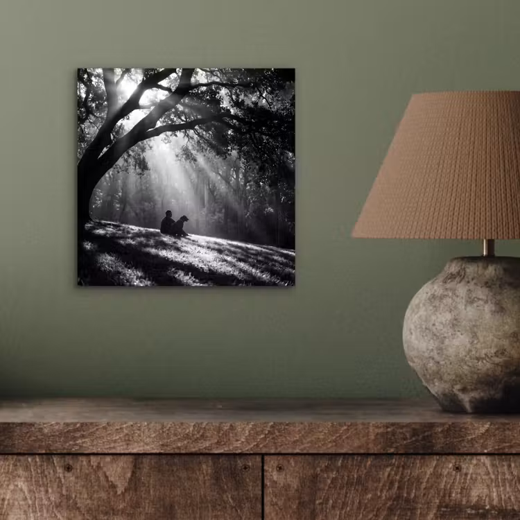 Mens - Hond - Natuur - Zwart-wit - Silhouet aluminium wit klein -sfeer2