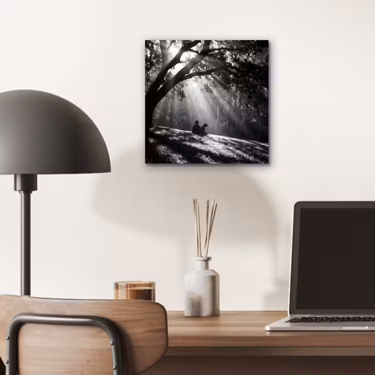 Mens - Hond - Natuur - Zwart-wit - Silhouet aluminium wit klein -sfeer5