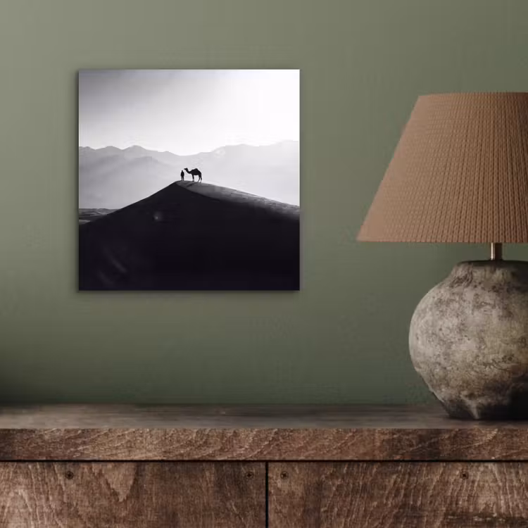 Mens - Kameel - Zandduin - Natuur - Monochroom aluminium wit klein -sfeer2