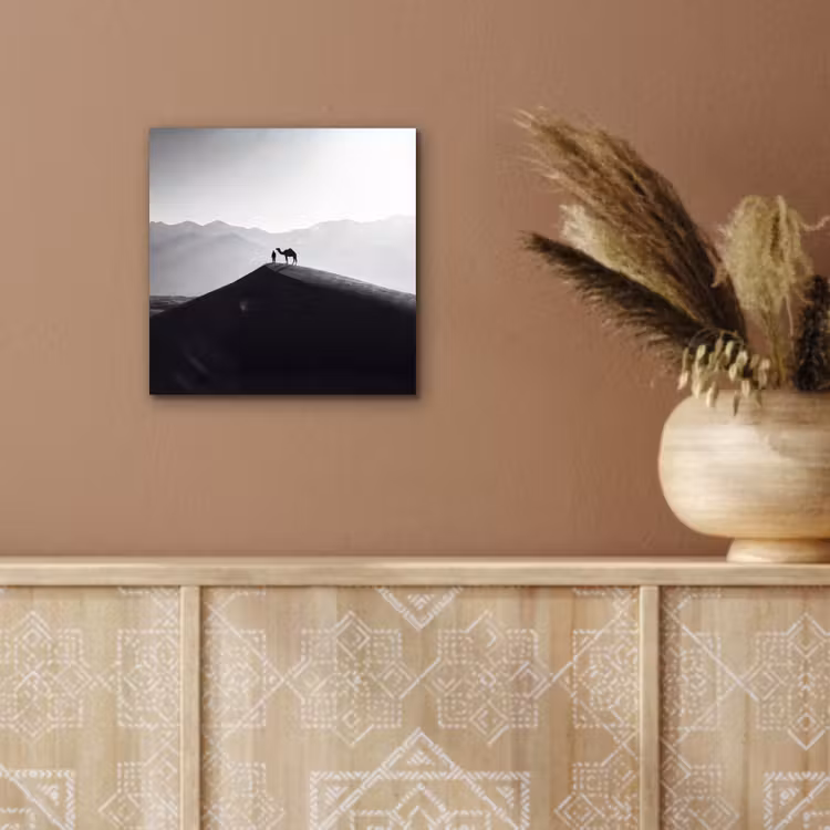 Mens - Kameel - Zandduin - Natuur - Monochroom aluminium wit klein -sfeer4