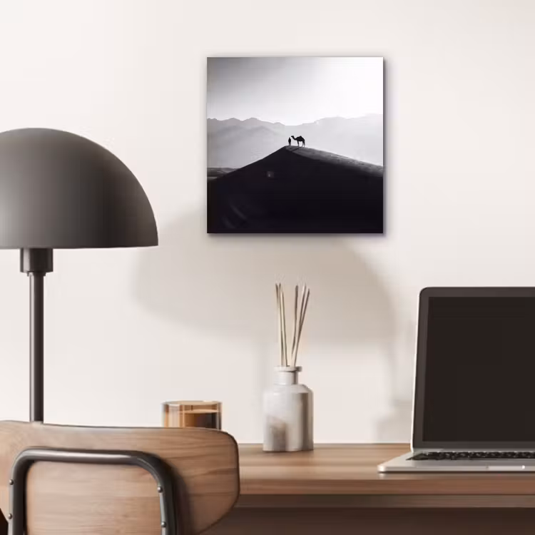 Mens - Kameel - Zandduin - Natuur - Monochroom aluminium wit klein -sfeer5
