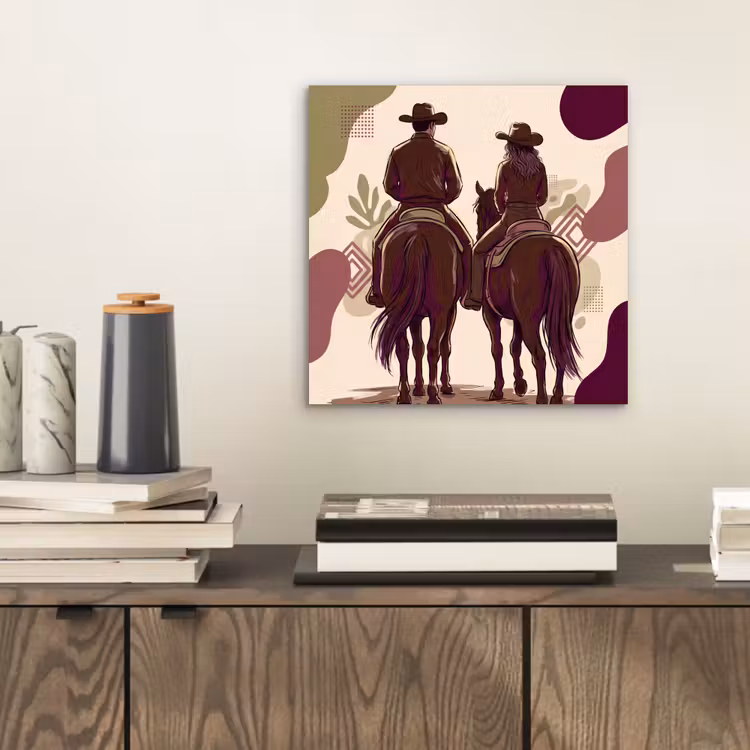 Mensen - Ruiters - Western - Illustratie - Bruin aluminium wit klein -sfeer1