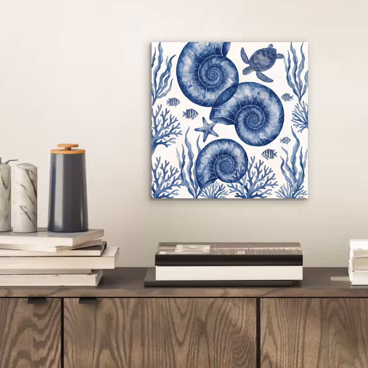 Schelp - Spiraal - Zeeleven - Aquarel - Blauw aluminium wit klein -sfeer1