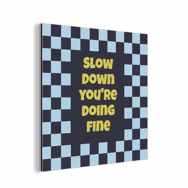 Patroon - Geblok - Blauw - Slow down you're doing fine aluminium wit klein -3d
