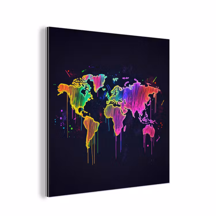 Neon - Wereldkaart - Kleur - Drip aluminium wit klein -3d