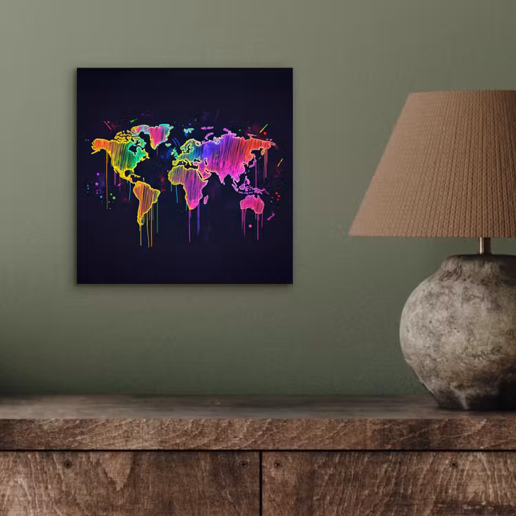 Neon - Wereldkaart - Kleur - Drip aluminium wit klein -sfeer2