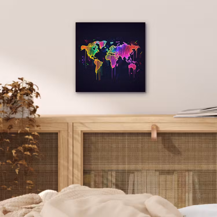 Neon - Wereldkaart - Kleur - Drip aluminium wit klein -sfeer3