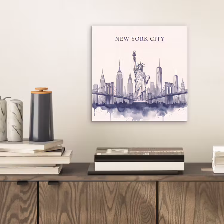 New York - Vrijheidsbeeld - Skyline - Illustratie - Blauw aluminium wit klein -sfeer1