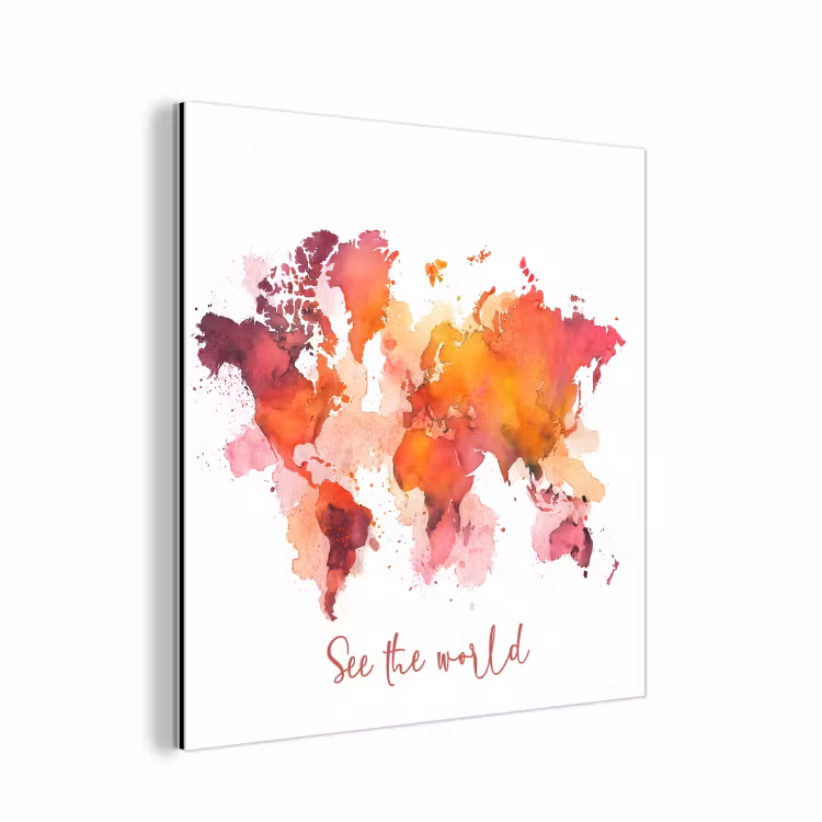Oranje - Aquarel - Quote - Wereldkaart aluminium wit klein -3d
