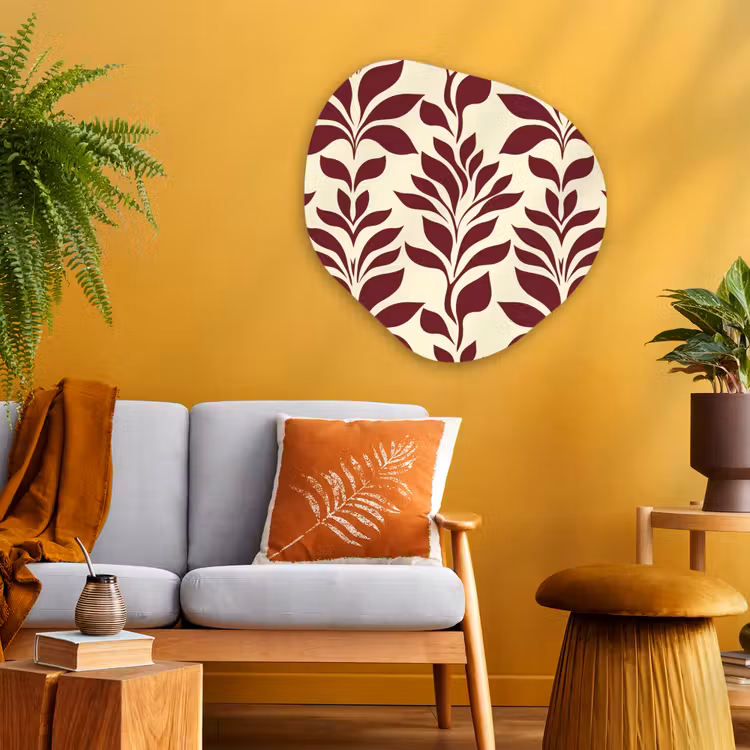 Abstract - Bladeren - Burgundy Wandcirkel Organisch Aluminium middel 851 -sfeer4
