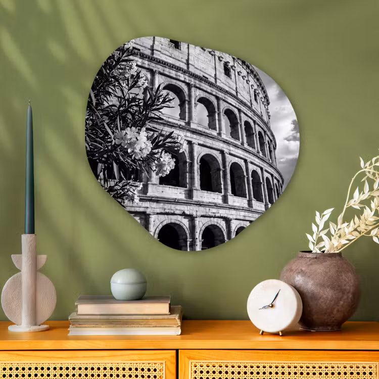 Architectuur - Colosseum - Rome - Historisch - Zwart-wit Wandcirkel Organisch Aluminium middel -sfeer2