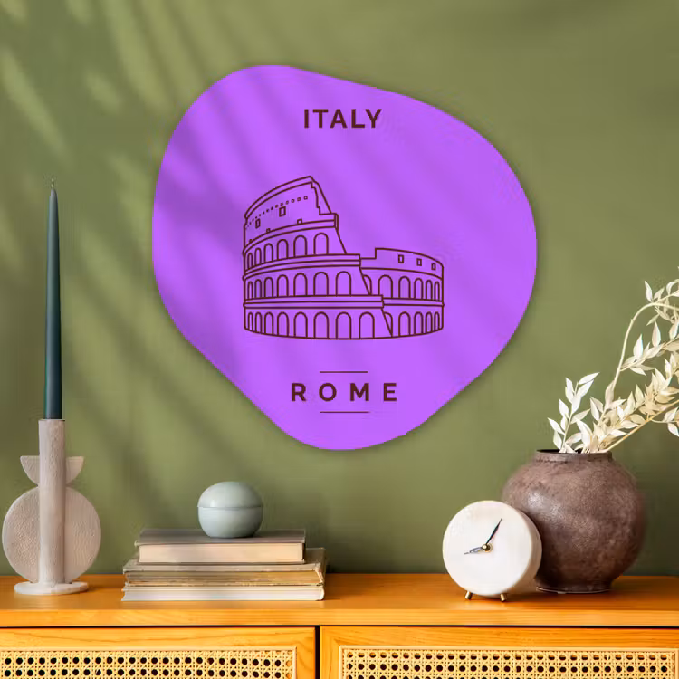 Architectuur - Colosseum - Rome - Minimalistisch - Paars Wandcirkel Organisch Aluminium middel -sfeer2