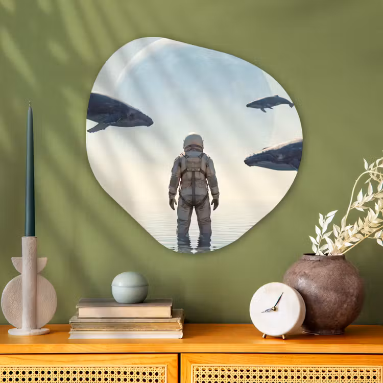 Alu-Dibond-Bild Organische Form - Astronaut – Wal – Fantasie - Ruimtevaarder - Walvis - Fantasie Wandcirkel Organisch Aluminium middel
