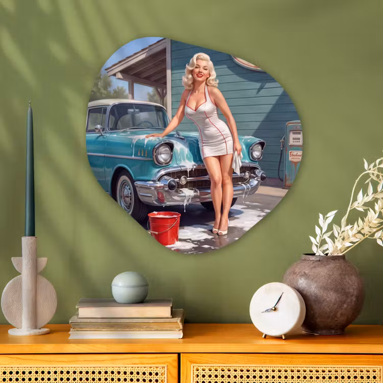 Auto - Vrouw - Groen Wandcirkel Organisch Aluminium middel -sfeer2