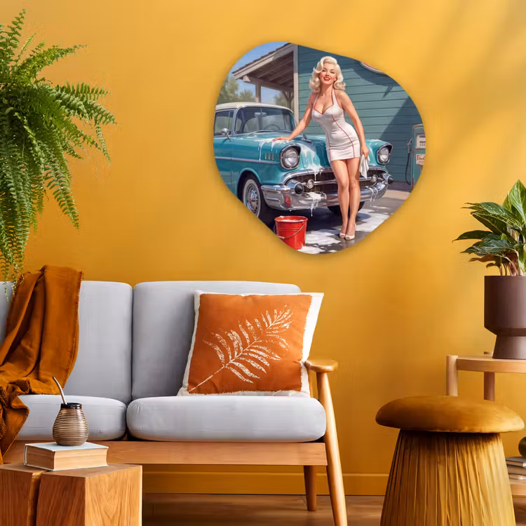 Auto - Vrouw - Groen Wandcirkel Organisch Aluminium middel -sfeer4