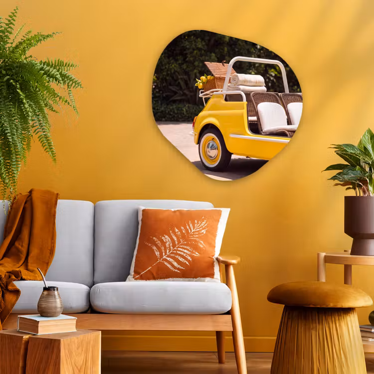 Auto - Picknick - Zomer - Geel Wandcirkel Organisch Aluminium middel -sfeer4