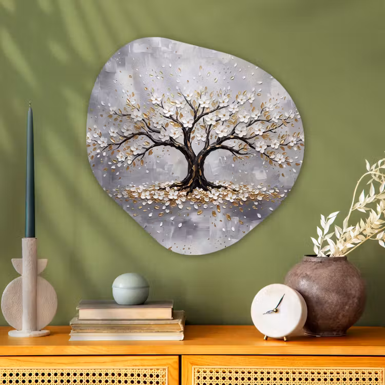 Boom - Bloemen - Natuur - Abstract - Wit Wandcirkel Organisch Aluminium middel -sfeer2