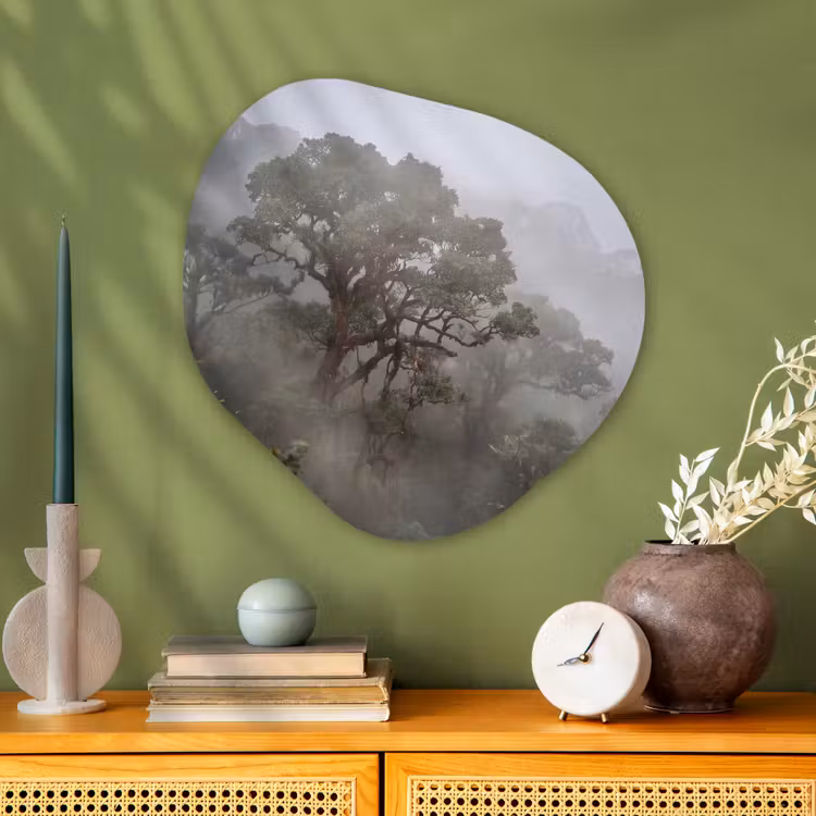 Boom - Mistig - Bos - Groen - Natuur Wandcirkel Organisch Aluminium middel -sfeer2