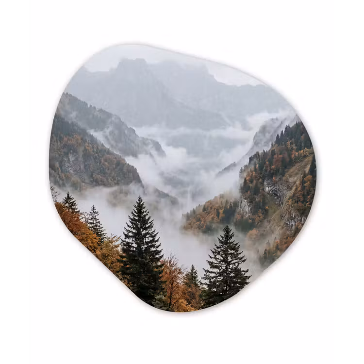 Bergen - Vallei - Mist - Herfst - Natuur Wandcirkel Organisch Aluminium middel -3d