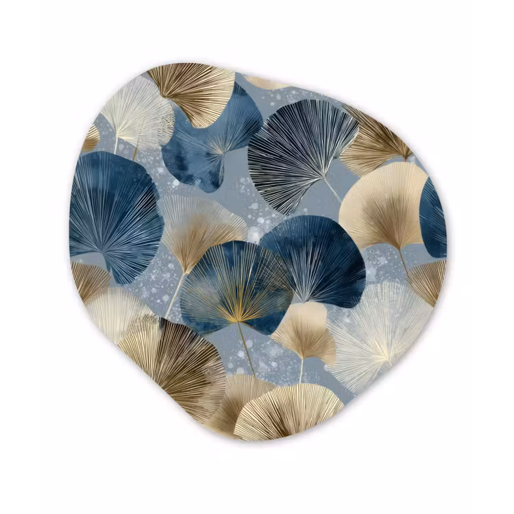 Bladeren - Abstract - Goud - Blauw Wandcirkel Organisch Aluminium middel -3d