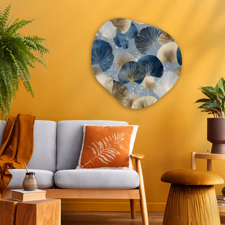 Bladeren - Abstract - Goud - Blauw Wandcirkel Organisch Aluminium middel -sfeer4