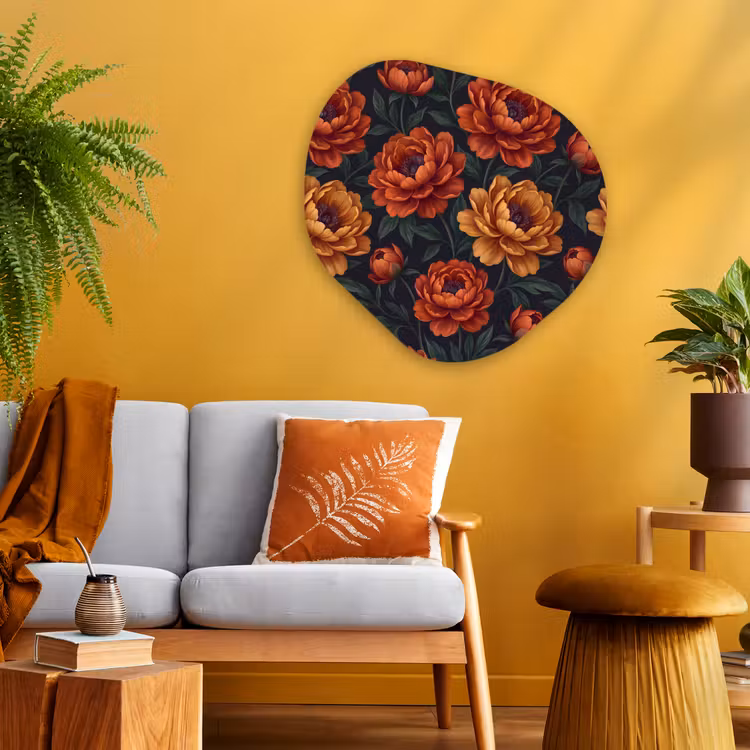 Bloemen - Bladeren - Natuur - Modern - Oranje Wandcirkel Organisch Aluminium middel -sfeer4