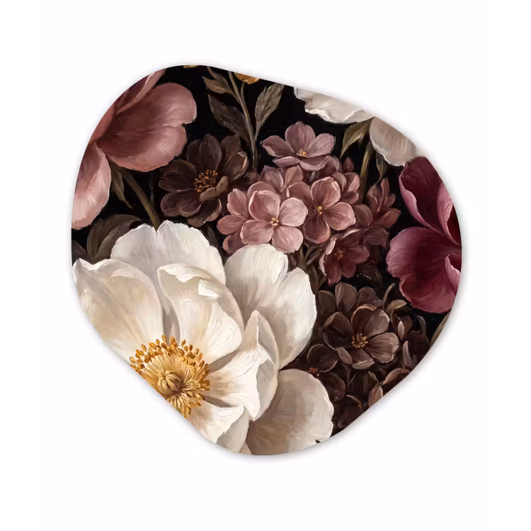 Bloemen - Boeket - Klassiek - Donker - Rood Wandcirkel Organisch Aluminium middel -3d