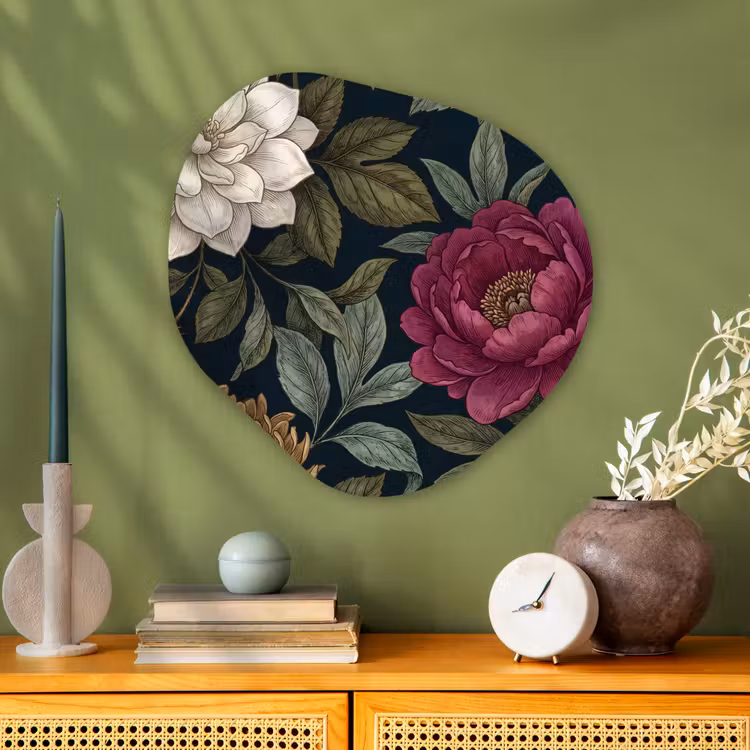 Bloemen - Botanisch - Illustratie - Donker - Vintage Wandcirkel Organisch Aluminium middel -sfeer2