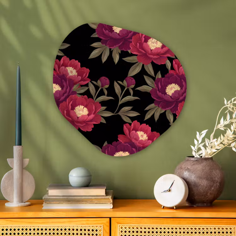 Bloemen - Patroon - Botanisch - Rood - Zwart Wandcirkel Organisch Aluminium middel -sfeer2