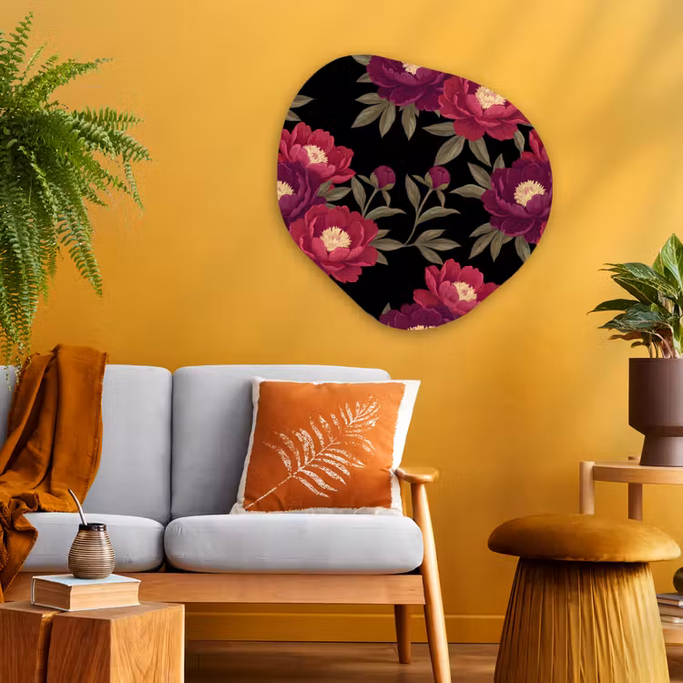 Bloemen - Patroon - Botanisch - Rood - Zwart Wandcirkel Organisch Aluminium middel -sfeer4