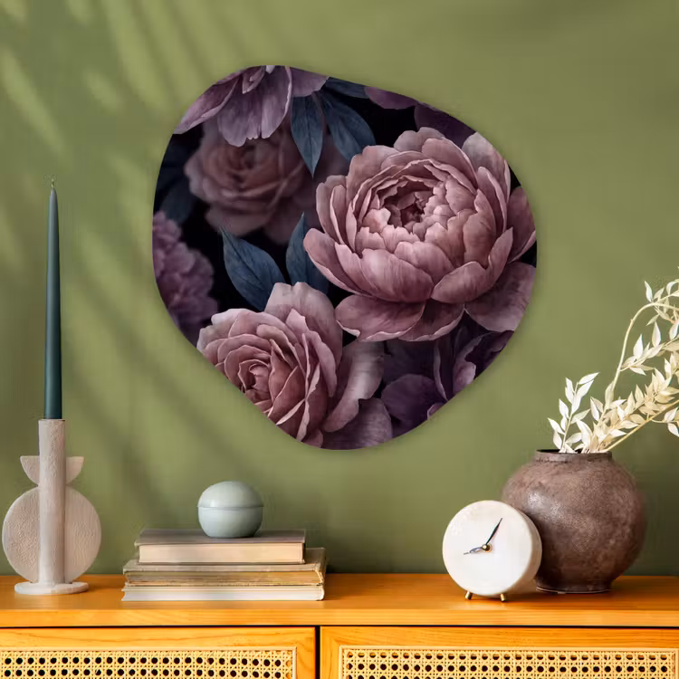 Bloemen - Patroon - Donker - Botanisch - Paars Wandcirkel Organisch Aluminium middel -sfeer2