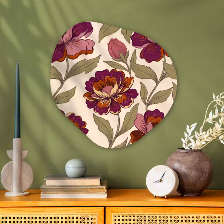 Bloemen - Patroon - Natuur - Modern - Paars Wandcirkel Organisch Aluminium middel -sfeer2