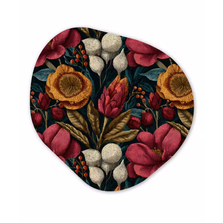 Bloemen - Patroon - Rood - Goud Wandcirkel Organisch Aluminium middel 851 -3d