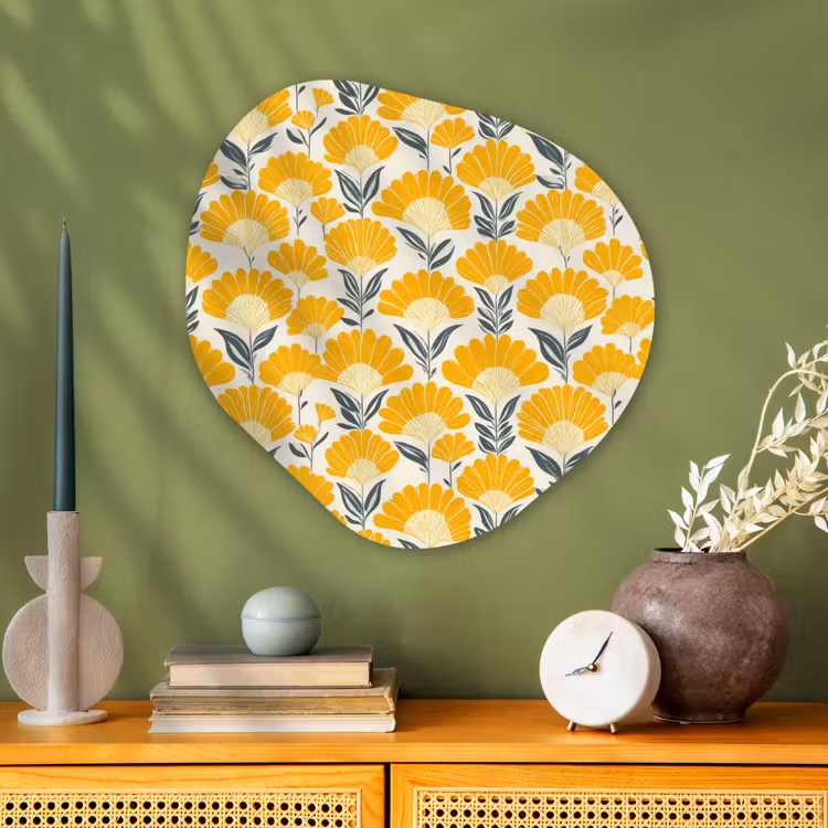 Bloemen - Retro - Botanisch - Okergeel - Grijs Wandcirkel Organisch Aluminium middel 851 -sfeer2