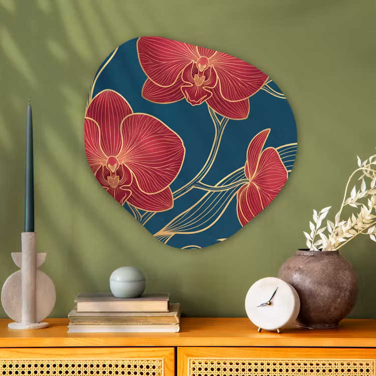 Alu-Dibond-Bild Organische Form - Blumen – Rot – Gold - Bloemen - Rood - Goud Wandcirkel Organisch Aluminium middel