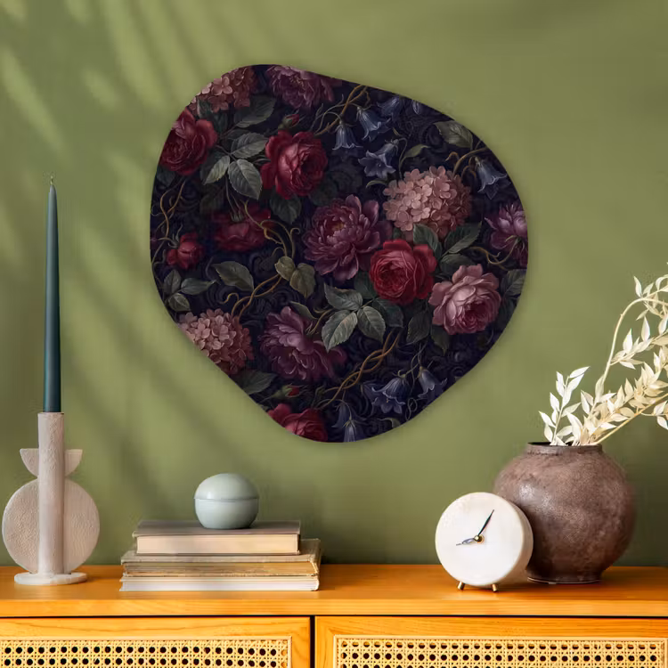 Bloemen - Rood - Klassiek - Donker - Patroon Wandcirkel Organisch Aluminium middel -sfeer2