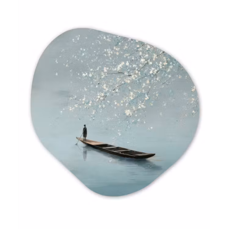 Bloesems - Minimalistisch - Wateroppervlak - Boot Wandcirkel Organisch Aluminium middel -3d