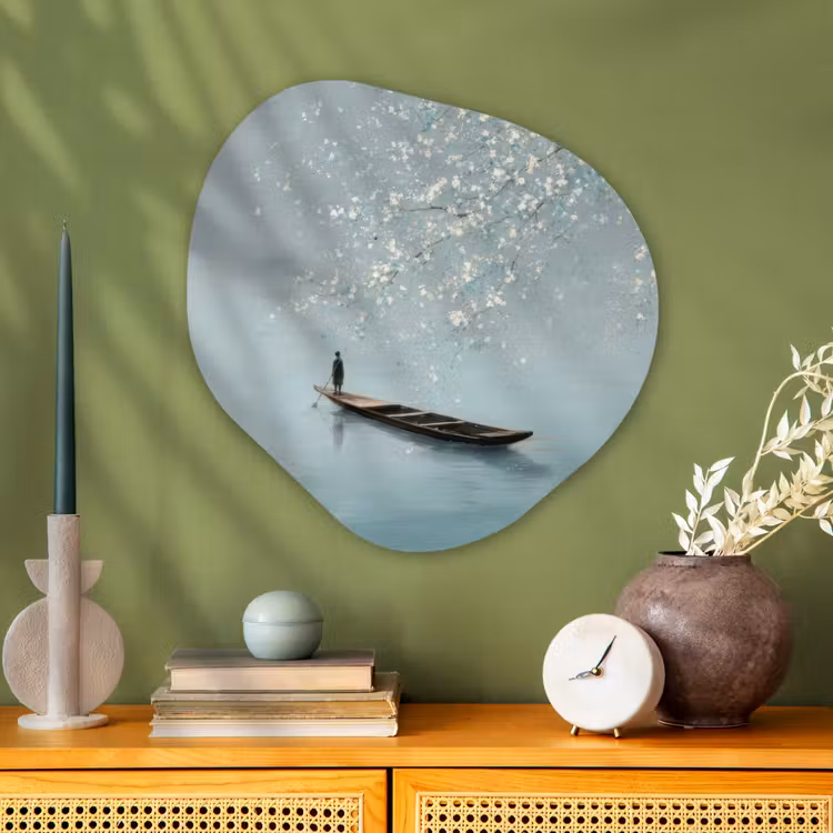 Bloesems - Minimalistisch - Wateroppervlak - Boot Wandcirkel Organisch Aluminium middel -sfeer2